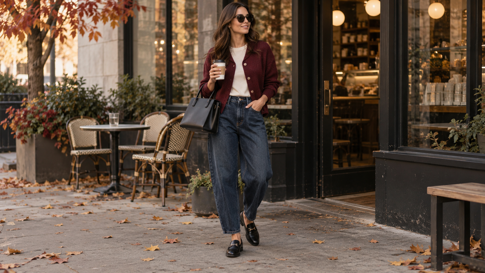 Burgundy Cardigan with Dark-Wash Barrel Jeans and Black Loafers